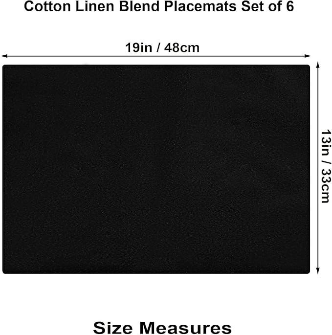 Cloth Placemats Set of 6, Cotton Linen Blend Machine Washable Double Layered Place Mats, Heat Resistant Placemats Wrinkle Free Thick Fabric Dining Table Mats for Indoors & Outdoors (Black, 6)