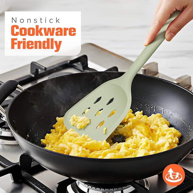 Silicone Cooking Spatula&Slotted Spatulas, Pack of 2,Solid Turner Kitchen Utensils Set for Cooking,Frying, Baking, Flipping, Turning,Heat Resistant 450℉ (Green)