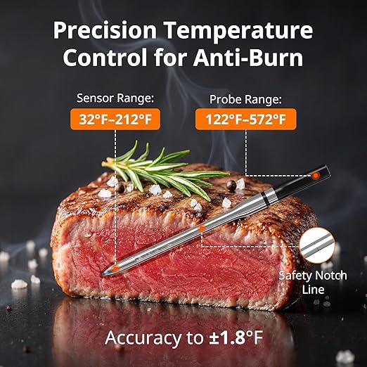 AIRMSEN Wireless Meat Thermometer, 500ft Long Range Cordless Meat Thermometer with Smart LCD Display Standalone Base, High Precision 5.4 Bluetooth with APP & Zirconia Ceramic Handle for BBQ Grill