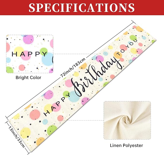 Happy Birthday Table Runner 13x72 Inch Colorful Circle Stars Farmhouse Polyester Linen Table Decoration for Kitchen Dinning, Indoor Outdoor Home Dinner Party (Rainbow)