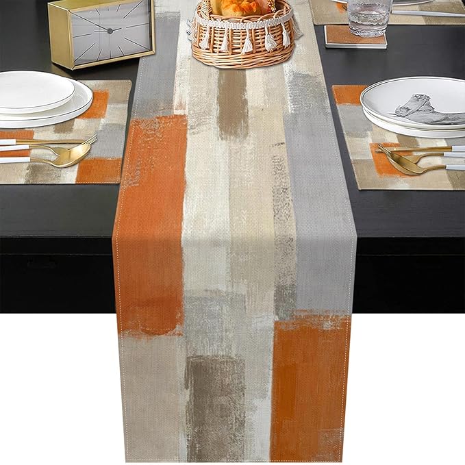 Emvency Farmhouse Table Runner and Placemats Set of 6, Cotton-Linen Modern Orange and White Painting Art Dining Table Decor for Daily Use(1 Table Runner 72 inches Long and 6 Placemats)