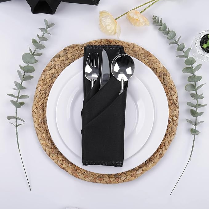 Cloth Napkins Set of 12 - Polyester Dinner Napkins Reusable & Washable - Perfect for Weddings & Holidays (Black)