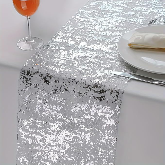 Snowkingdom Glitter Metallic Silver Table Runner 11 Inch x 32 Feet Thin Mesh Sparkle Runner Roll Silver Table Decorations for Wedding Bridal Shower, Baby Shower, Christmas, Birthday Party （1PC）