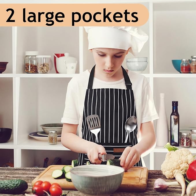 2 Pack Stripes Kids Apron, Kids Cooking Aprons with 2 Pockets, Cute Aprons for Cooking for Boys and Girls