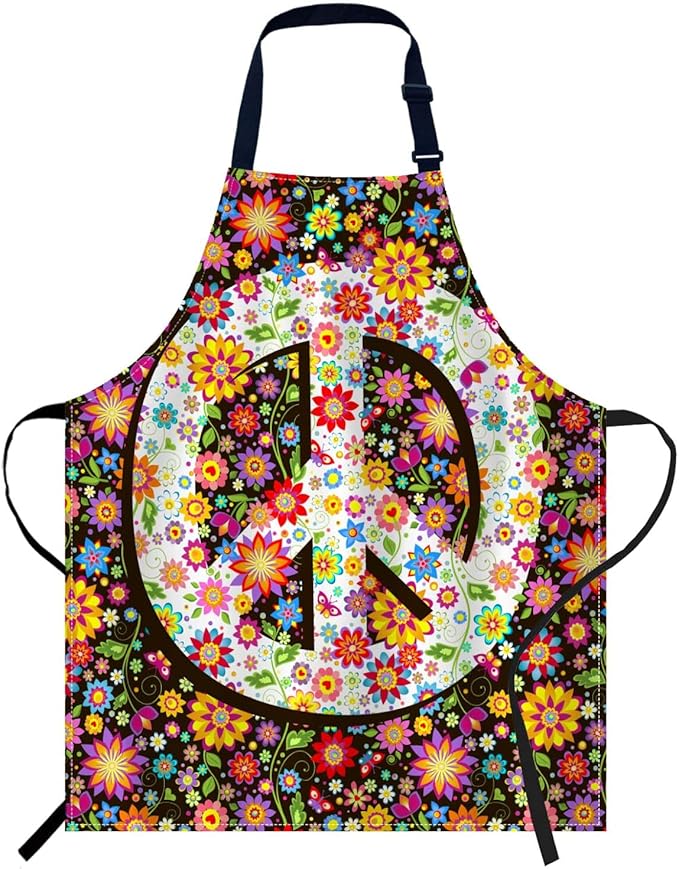 oFloral Hippie Flowers Print and Peace Apron Chefs Apron, Cooking and Baking Apron for Men and Women, Kitchen Aprons, Butchers Apron, BBQ & Catering Bibs, 27 X 31 Inch