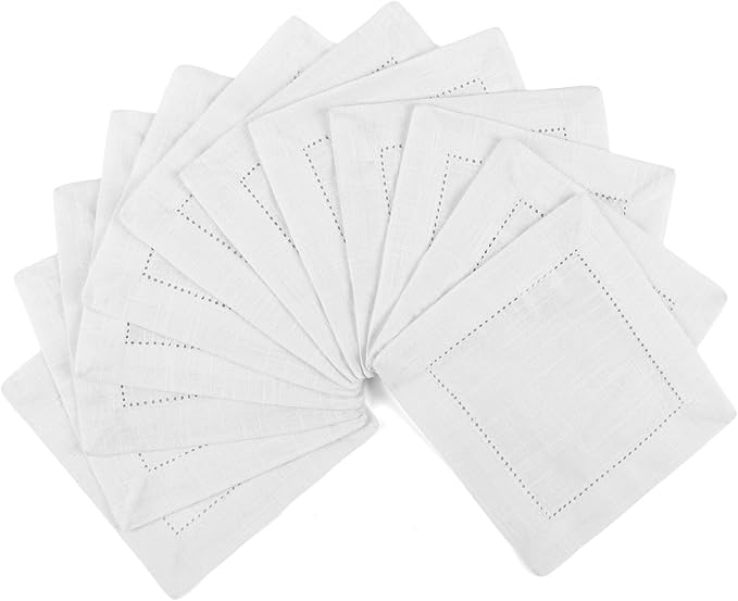 FINGERCRAFT Cocktail Napkins 6 x 6 Inch Premium Quality Cotton, Generous Hemstitch and Mitered Corner Set of 12 Coaster Cloth White