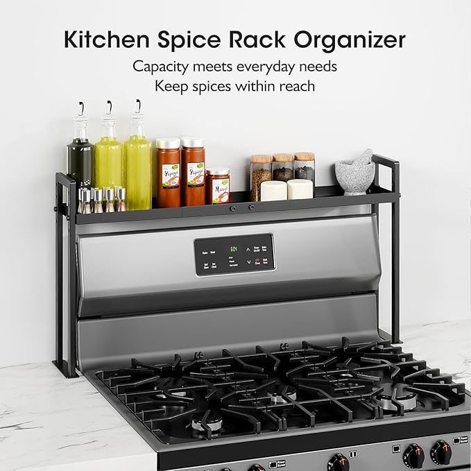 Bumusty Adjustable Stove Top Shelf,Over Shelf for Stove – Expandable 4-Level Spice Rack & Kitchen Organizer, Anti-Slip Metal Construction, 27"–33" Length, 11"–14" Height, Black