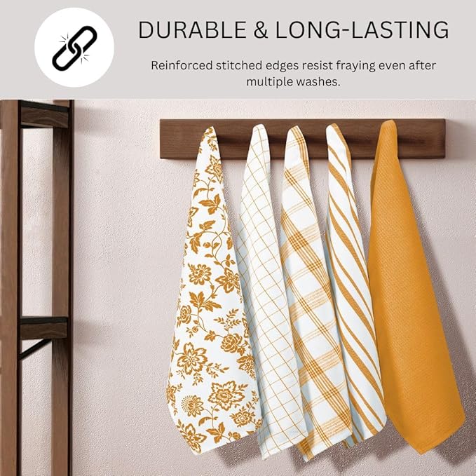 Assorted Kitchen Towels 100% Cotton 16x26 Inch - Super Absorbent, Soft & Quick Drying, Multi-Purpose for Drying & Cleaning, Ideal for Kitchen & Home Use, Set of 5 Low-Lint Dish Towels Yellow