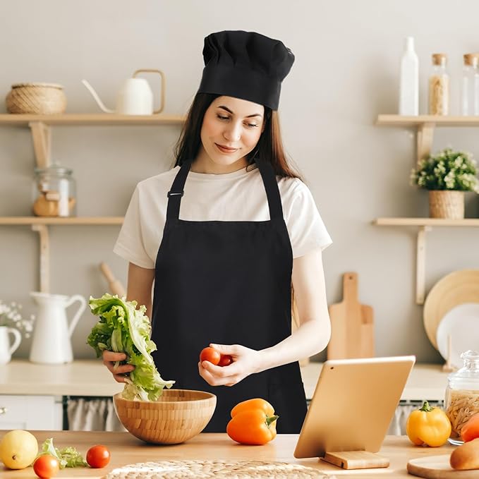 2 Pack Chef Apron and Hat, Adjustable High Cooking Apron Waterproof Kitchen Baking Apron Chef's Hat Christmas Gift