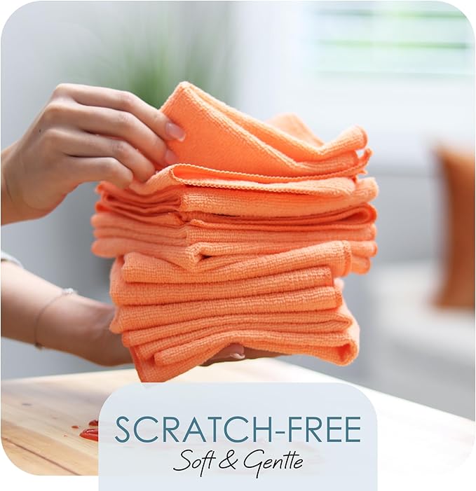 Hearth & Harbor Microfiber Cleaning Cloths - 144 Pack Washcloths, Orange Cleaning Rags, Reusable Towels, Lint Free
