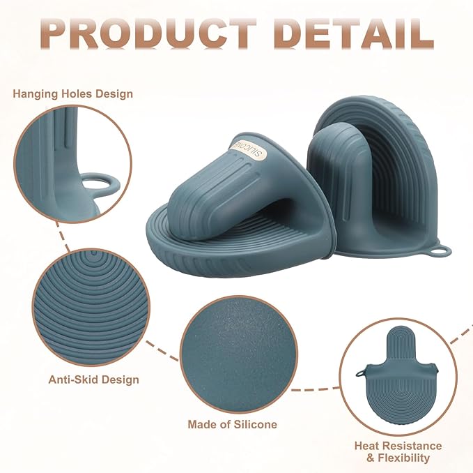 uxcell 2 Pcs Silicone Oven Mitts, Heat Resistant Mini Oven Gloves Silicone Pot Holders Mini Finger Protector Cooking Pinch Grips for Air Fryer Kitchen Cooking & Baking, Blue