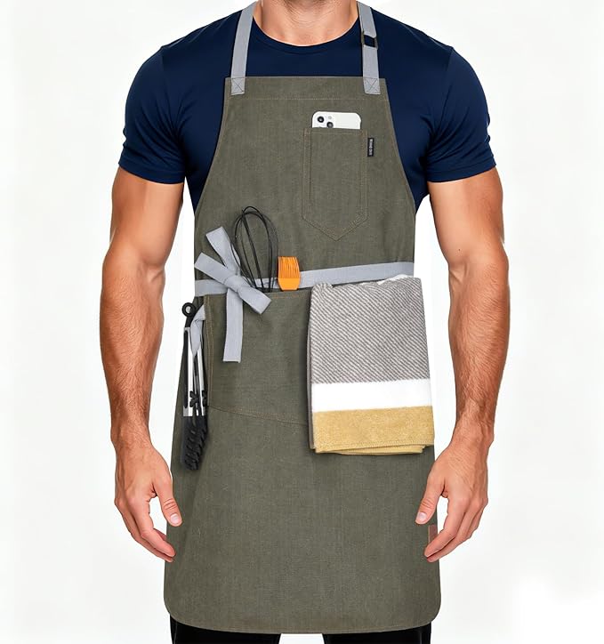 Womens Apron with Pockets Adjustable Shoulder Strap,Aprons for Men 38.5" Extra-Long Straps Fit More Body Types,Chef Apron for Kitchen Garden Barbecue Woodworking(Dark Green)