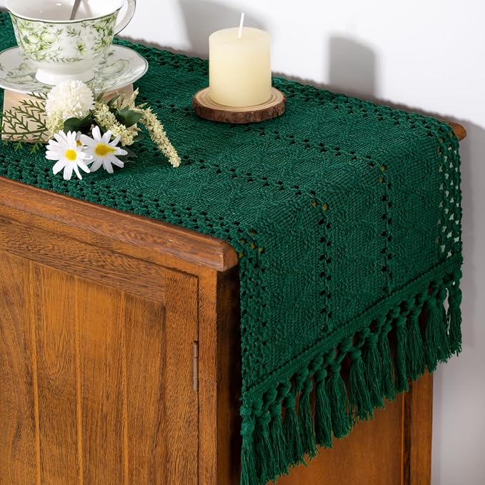 Socomi Boho Table Runner Easter Spring Farmhouse Rustic Dining Kitchen Centerpiece Decor Small Macrame Woven Cotton Linen Coffee Table Runner for Dresser Scarf Home Decor 12x60 inch Emerald Green