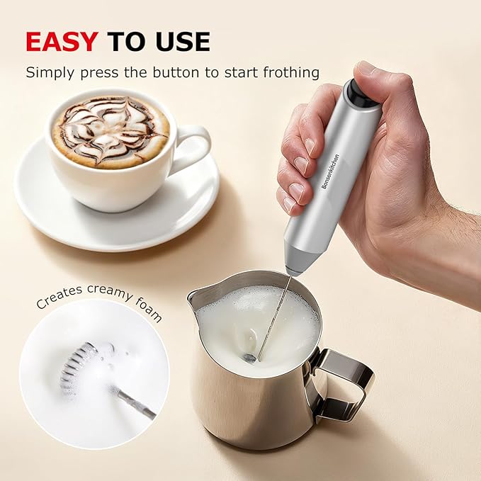 Bonsenkitchen Powerful Milk Frother with Stand for Coffee, Fast Handheld Drink Mixer with Stainless Steel Whisk, Battery Operated Hand Frother Stirrer Wand-Silver