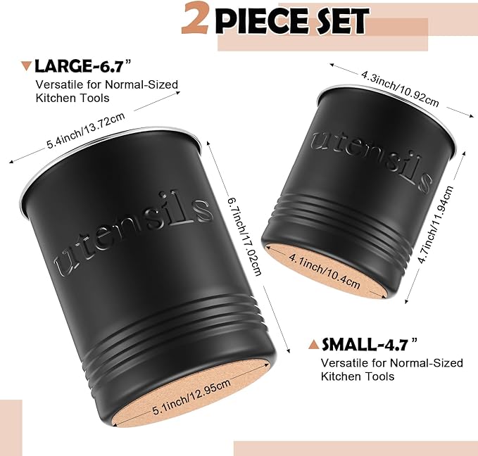 FoldTier 2 Pack Kitchen Utensil Holder for Counter 6.7"+4.7" Farmhouse Cooking Utensil Crock with Cork Bottom Modern Farmhouse Decors Countertop Storage Organizer Caddy Housewarming Gift(Black)