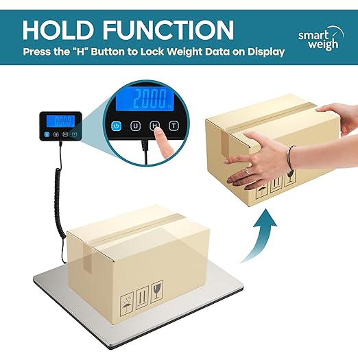 Smart Weigh Digital Postal Shipping Scale, Heavy Duty Wide Platform, 440 lb Capacity, 2 oz Readability, Hold & Tare Function, Includes Batteries & USB-C