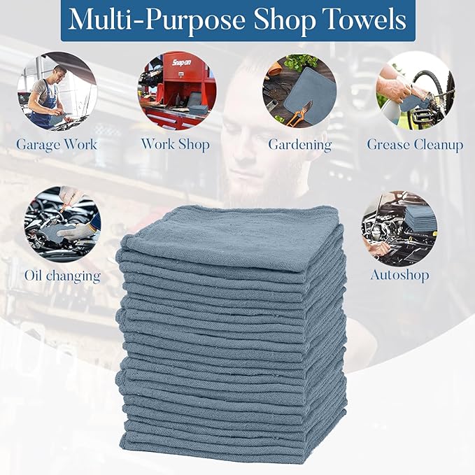 DAN RIVER Shop Towels, 50 Pack Commercial Use Medium Blue Terry Cloth Rags for Cleaning Cars & Household Surfaces – Well Absorbent, Reusable Cleaning Rags & Wash Clothes – Washable Towels