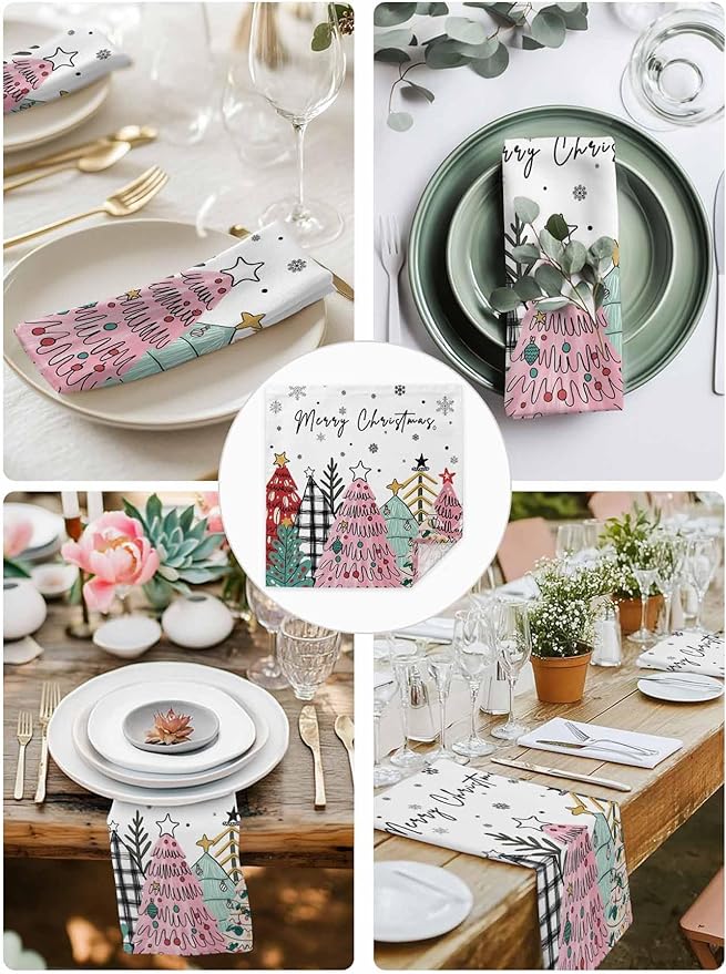 Christmas Cloth Napkins Set of 6, Pink Xmas Tree Washable Dinner Napkins Winter Snowflakes Rustic Plaid Table Reusable Napkin for Home Party Wedding Dining Table Setting Decoration, Oversized 20"x20"
