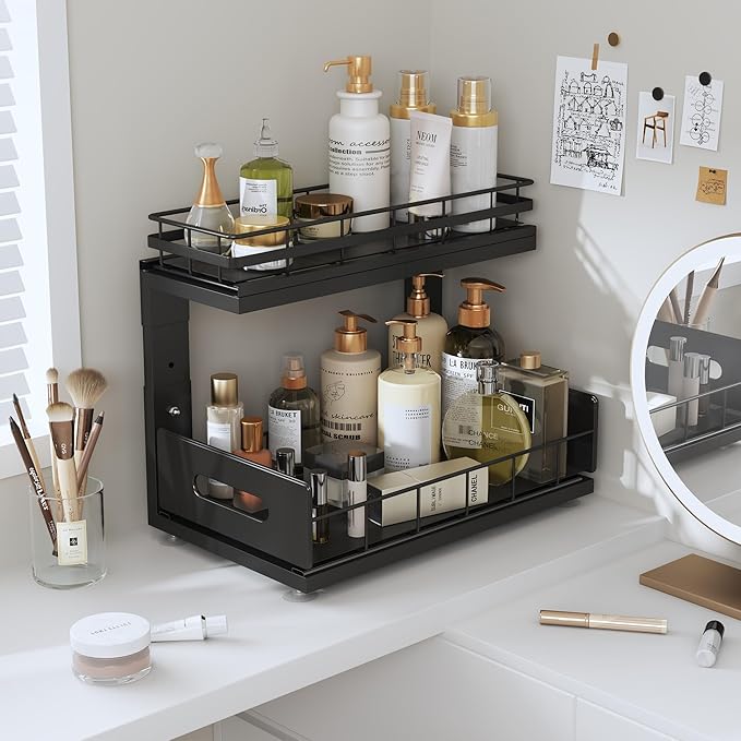Under Sink Organizer Upgrade To Professional Rails,2-Tier Dual Pull Out Cabinet Storage,Height Adjustable Slide Out Drawers For Bathroom Kitchen,2 Pack-14.5"Dx12.8"-16.9"H,Black