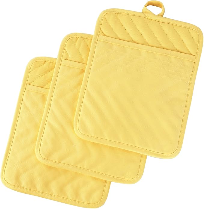 Anyi Pot Holders and Oven Mitts 7" X 9" Heat Resistant Cotton Pocket Pot Holder Set Feature of Non Slip Kitchen Hot Pad Oven Mitts, 3-Pack (Aspen Gold)