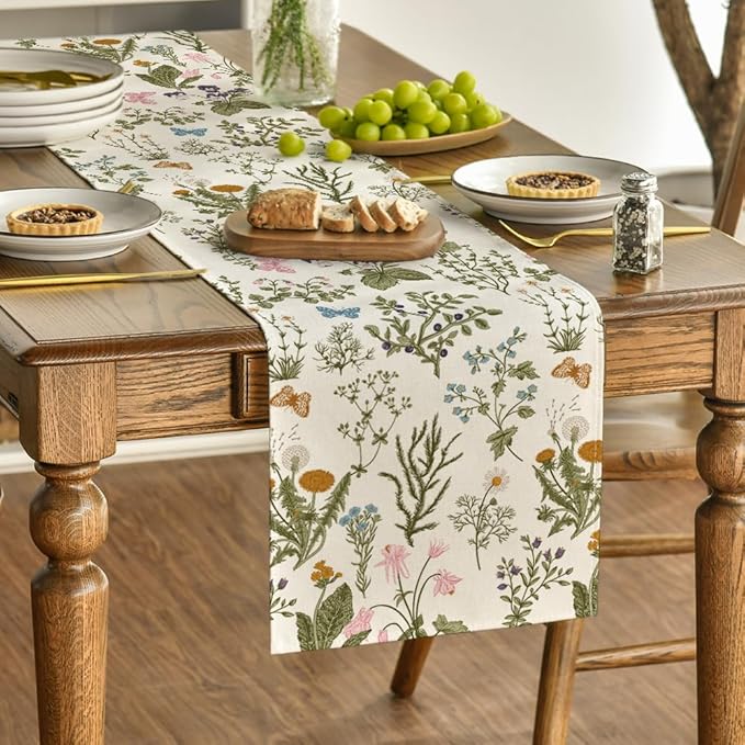 Artoid Mode Wildflowers Floral Spring Table Runner, Butterfly Seasonal Summer Kitchen Dining Table Decoration for Home Party Decor 13x48 Inch