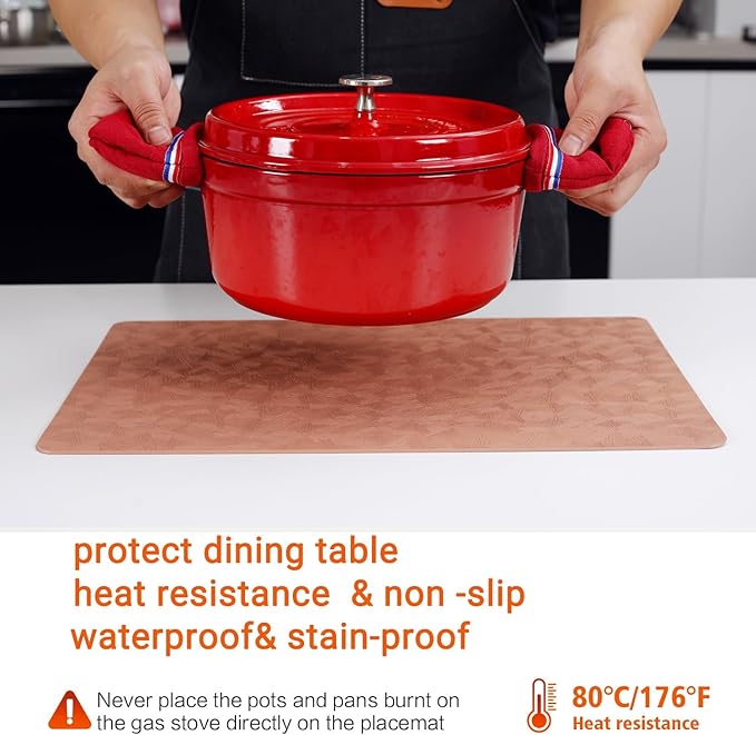 Vinyl Placemats Set of 4 Heat Resistant Easy Clean Non-Slip Place Mats for Dining Table. Faux Leather Waterproof Stain Resistant Wipeable Washable PU Table Mats(4, Coral)