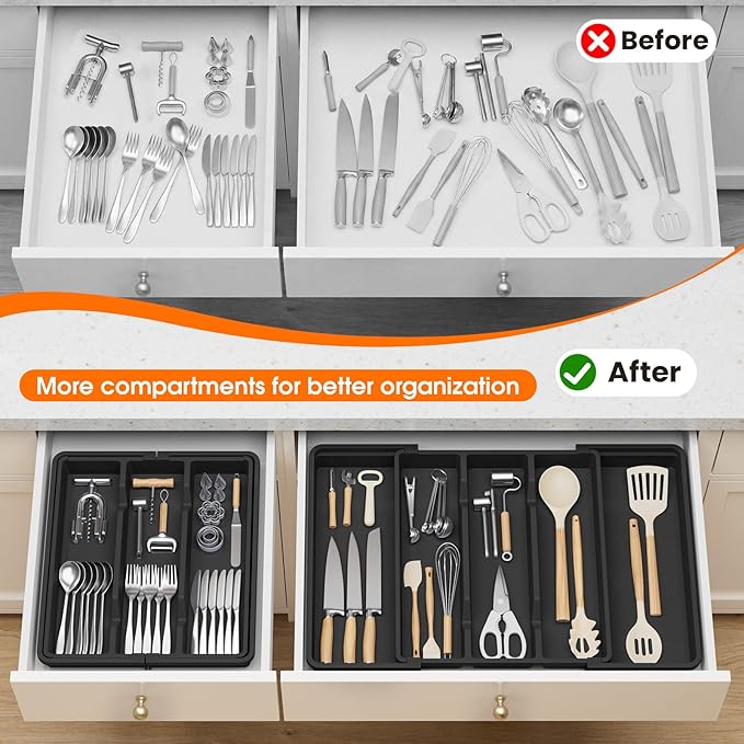 Large Silverware Organizer, Expandable Utensil Drawer Organizer for Kitchen Drawers, Kitchen Drawer Organizer for Spoons/Forks/Knives, Multipurpose & BPA Free Cutlery Tray, Black, 1 Pack