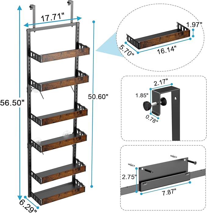 bukfen Over the Door Pantry Organizer, 6-Tier Adjustable Wooden Basket Kitchen Pantry Door Organization and Storage, Heavy-Duty Metal Hanging Kitchen Spice Rack, D6.3 x W17.71 x H50.60 inch, 1 Pack