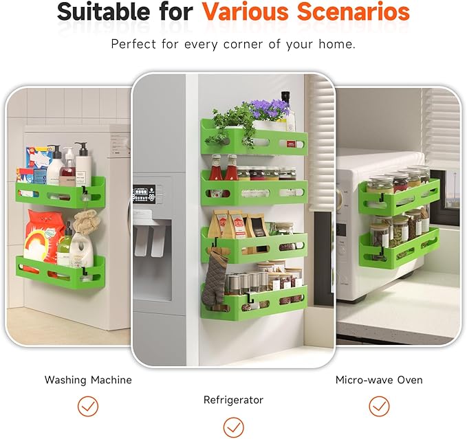Sevenblue 4 Pack Strong Magnetic Spice Rack for Refrigerator, Multipurpose Magnetic Shelf for Fridge with 4 Hooks for kitchen and Bathroom Organization, Green