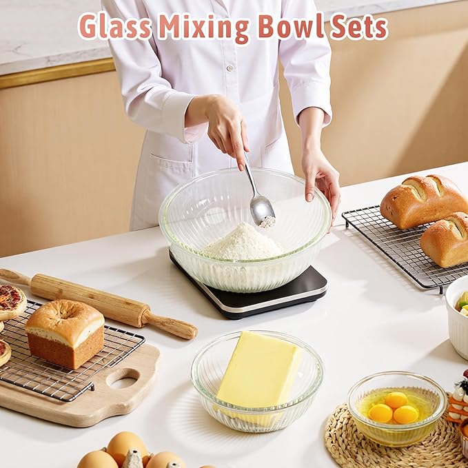 Glass Mixing Bowls with Lids Sets, 5 Packs Glass Bowls with Lids for Kitchen Baking, Meal Prepping and Salad, Bpa Free and Dishwasher Safe Serving Bowls, 0.2/0.5/1.1/2.1/3.7Qt