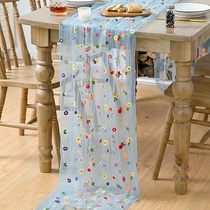 Artoid Mode Blue Embroidery Daisy Spring Gauze Table Runner 59x120 Inch 10FT, Seasonal Sheer Kitchen Dining Holiday Wedding Birthday Table Decor for Home Party