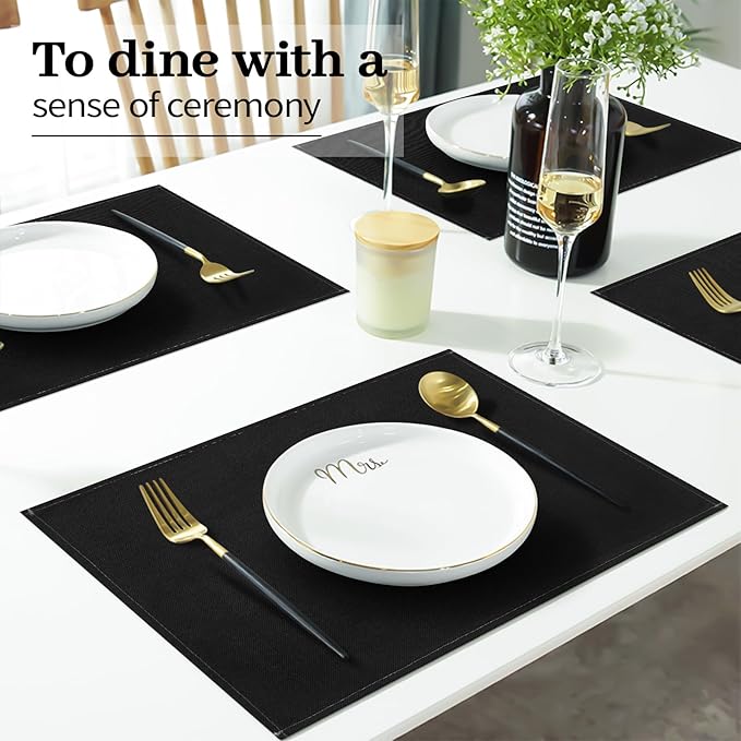 Black Placemats Set of 6, 12x18 Inch Heat-Resistant Washable Easy to Clean Place Mats, Faux Linen Cloth Table Mats Suitable for Indoor/Outdoor Parties & Kitchen Decor (Black)
