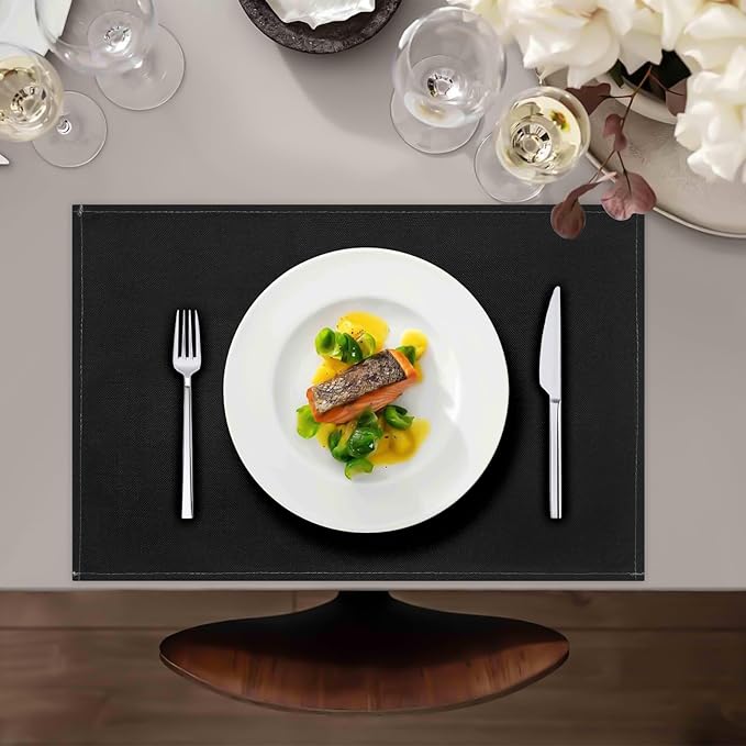 Black Placemats Set of 8, 12x18 Inch Heat-Resistant Washable Easy to Clean Place Mats, Faux Linen Cloth Table Mats Suitable for Indoor/Outdoor Parties & Kitchen Decor (Black)