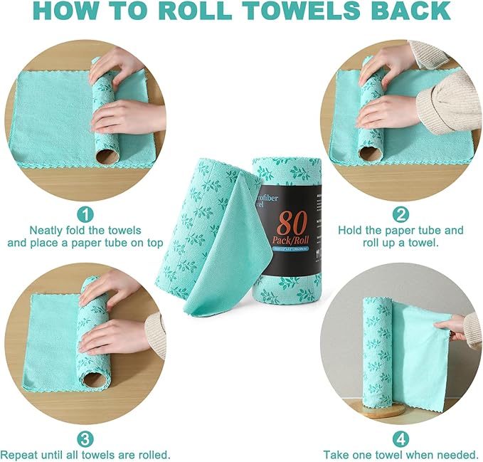 Microfiber Cleaning Cloth Roll,80 Pack Cleaning Towels,Lint Free Rags Paper Towels & Tear Away Reusable Towels,Washable Shop Rags Floral Wipe Cloth,Wash Cloths Dish Rags for Car Kitchen Window