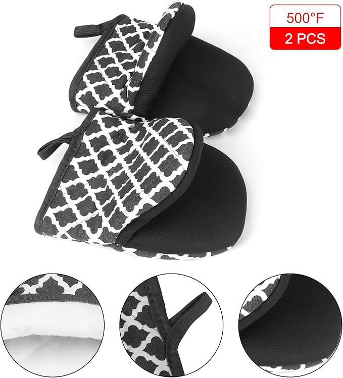 Short Oven Mitts, Heat Resistant 500°F, Silicone Grip Kitchen Gloves, Non-Slip for Baking, Grilling, BBQ, Machine Washable with Hanging Loop, 2-Pack Set, White Checkered Pattern