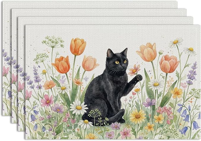 Black Cat Placemats Set of 4, Spring Floral Watercolor Table Mats for Outdoor Home Party Kitchen Dining Decor, Washable Non-Slip Heat Resistant Linen Fabric Rectangle Place Mats, Cute Cat Lover Gifts