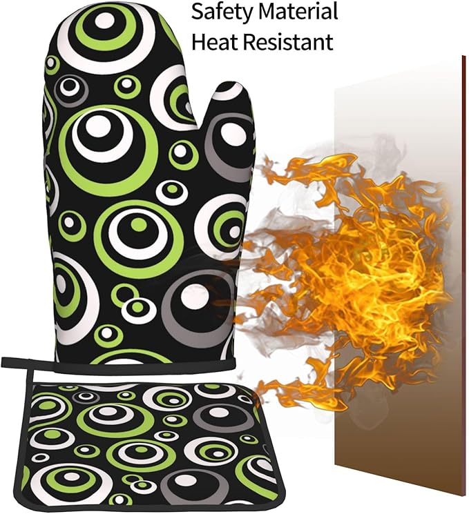 Black Green Retro - Geometric Oven Mitts and Pot Holders Set of 3, Non-Slip Heat Resistant Green and Black White Circle Pattern Kitchen Gloves for Cooking Baking Grilling, Gift for Women, Home Decor