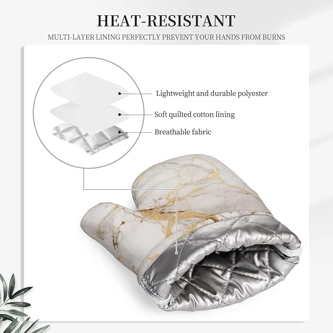 Oven Mitts and Pot Holders Marble Gray Gold White Silicone Kitchen Accessories Set of 2 Heat Resistant Long Gloves Potholder Non-Slip Grip for Chef Cooking,Baking,Grilling,BBQ