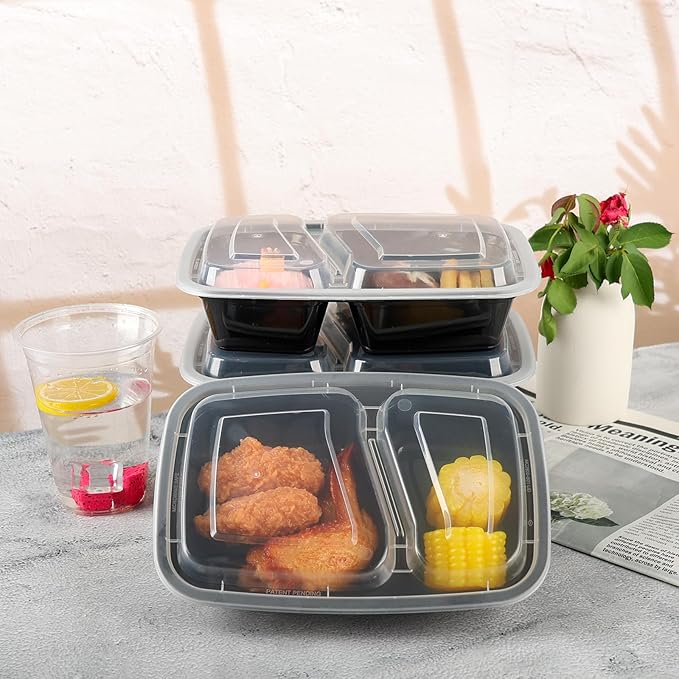 Meal Prep Containers 2 Compartment 30 Pack, 26 oz Divided Reusable Food Storage Containers with Lids Takeout Food Storage Containers Black, Microwave Dishwasher Freezer Safe, Stackable, BPA Free