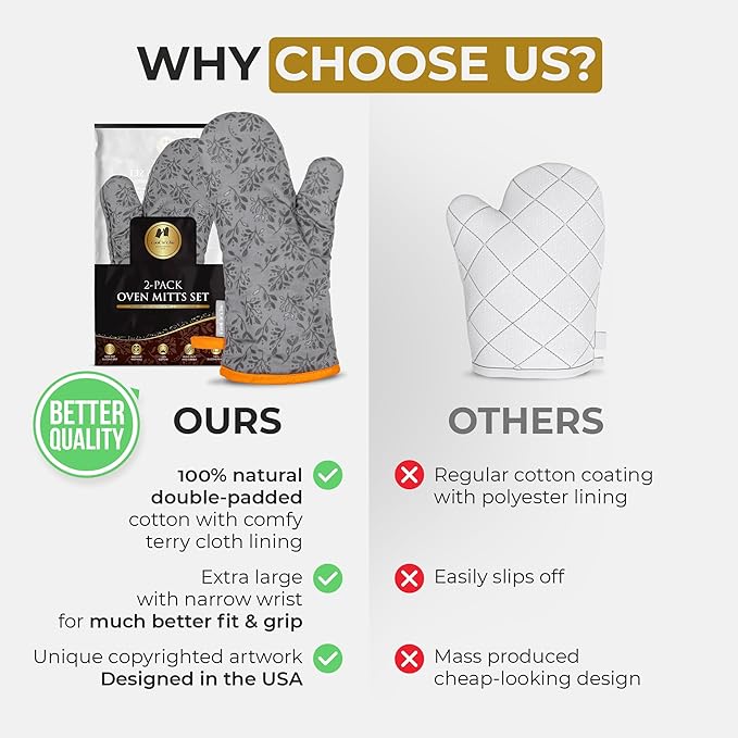Premium Heat-Resistant Oven Mitts - Stylish and Beautiful - Non-Slip Platinum Silicone Grip - Long and Thick - 100% Natural Cotton Exterior and Soft Terry Cloth Lining - Cook'n'Chic Set of 2 - Gray