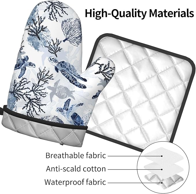 Navy Blue Ocean Sea Turtle Oven Mitts and Pot Holders Sets of 3, Heat Resistant Non-Slip Gift for Cooking Enthusiasts, Coastal Beach Nautical Coral Kitchen Gloves for Baking BBQ Cooking Grilling Decor