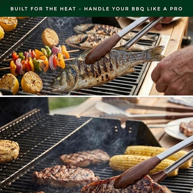 Walnut Wood Kitchen Tongs – 12-Inch Nonstick-Safe Wooden Salad & Grill Tongs for Cooking, Serving, BBQ, and Tossing Salad – Durable Stainless Steel Core with Natural Wooden Tips