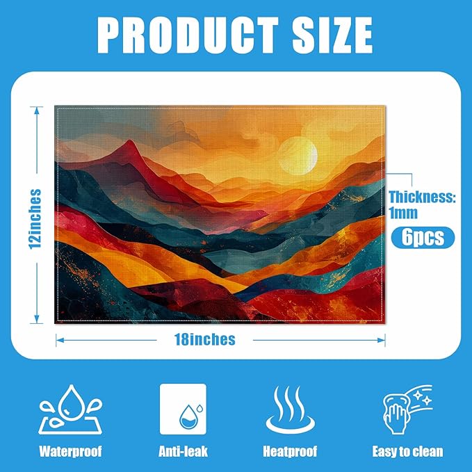 Abstract Mountain Sunset Placemats Set of 6, Washable Linen Place Mat Heat Resistant Non Slip Kitchen Dining Table Mats 12x18 Inch