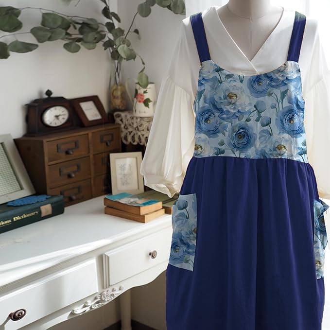 Uaussi Cotton Linen Apron Cross Back Work Apron for Women with Pockets Pinafore Dress X Cross Halter Apron for Chef Gardening