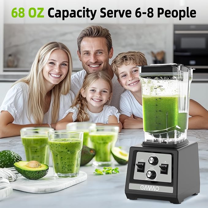 OMMO Blender for Smoothies: 1800W Peak Blenders for Kitchen, 68oz BPA-Free Pitcher, Timer & Speed Control, 6 Stainless Steel Blades, Dishwasher Safe Blender for Ice Crush/Smoothies/Frozen Drinks/Grey