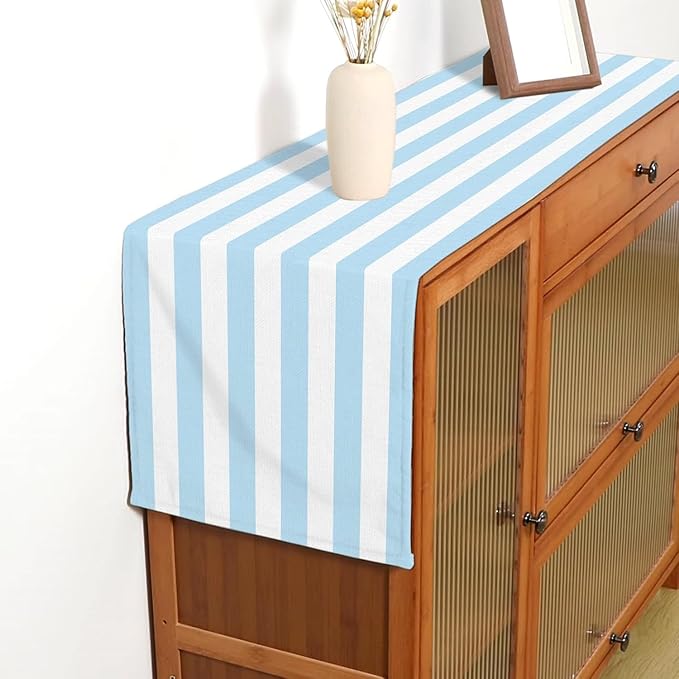 Light Blue and White Cabana Striped Table Runner Coastal Theme Wedding Party Decoration Birthday Baby Shower Dining Room Home Kitchen Table Decor 108In
