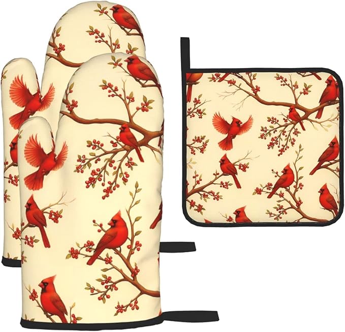 Red Cardinal Oven Mitts and Pot Holders Sets of 3, Non-Slip Christmas Heat Resistant Kitchen Gloves Hot Pad, Cardinal Gifts for Women, Rustic Christmas Kitchen Decor, Baking Cooking Grilling Gifts