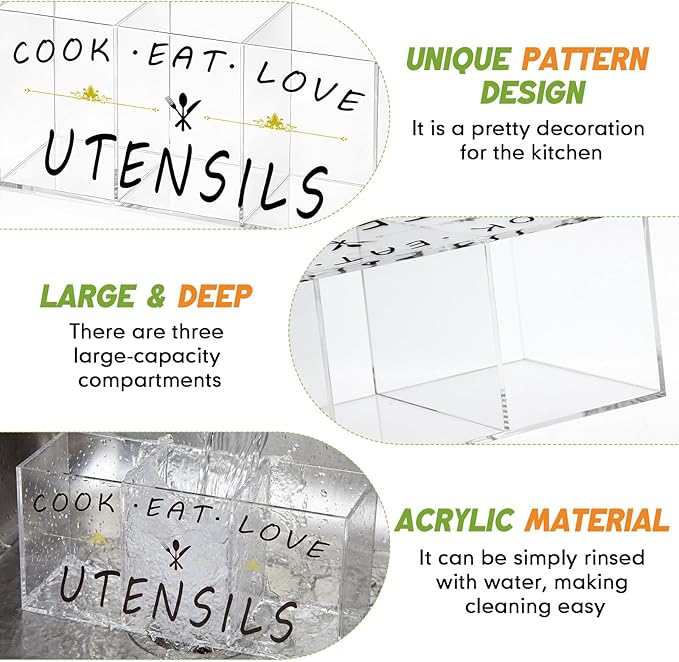 Acrylic Large Cutlery Storage Organizer Bin with 3 Compartments, Silverware Caddy Knife Spoon and Fork Holder Kitchen Utensils Holder for Cabinet Indoor Flatware Dining Room(Transparent)