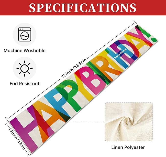 Happy Birthday Table Runner Colorful 13x72 Inch Polyester Linen Table Decoration for Kitchen Dinning, Indoor Outdoor Home Party Desktop Decor (Colorful)