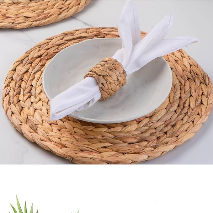 Laquedecraft 13.8" Set of 8 Round Water Hyacinth Placemats | Boho Woven Rattan Table Mats | Farmhouse Wicker Spring Plate Chargers Like Water Hyacinth, Seagrass for Wedding, Party, Christmas, Events